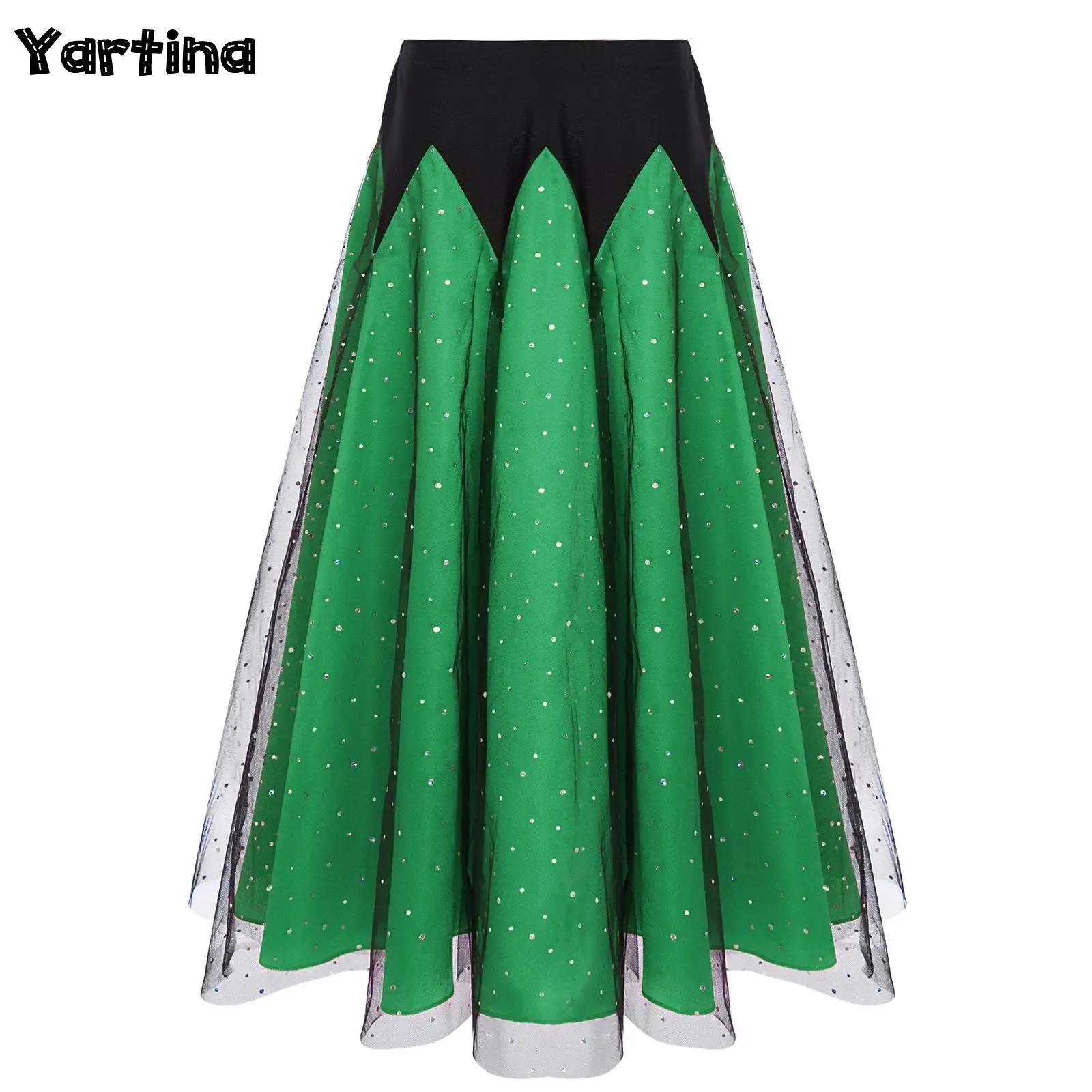 

Kids Girls Waltz Ballroom Dance Performance Costume Elastic Waistband Glittery Sequins Color Block Ruffled Tulle Maxi Skirt