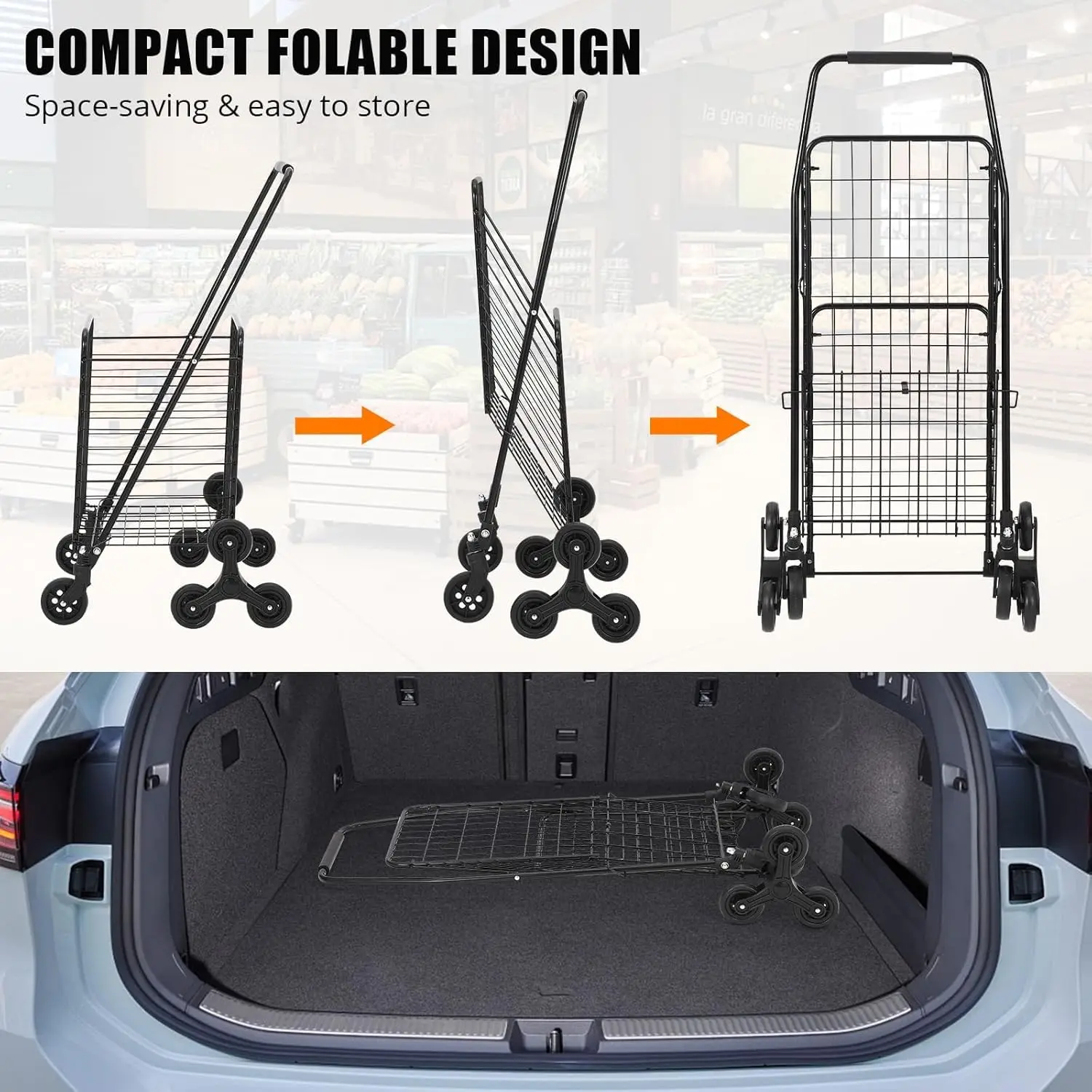 عربة تسوق قابلة للطي بسعة 110 رطل، عربة أدوات من سبائك الصلب مع عجلات تسلق الدرج، سلة كبيرة 22 جالونًا #5