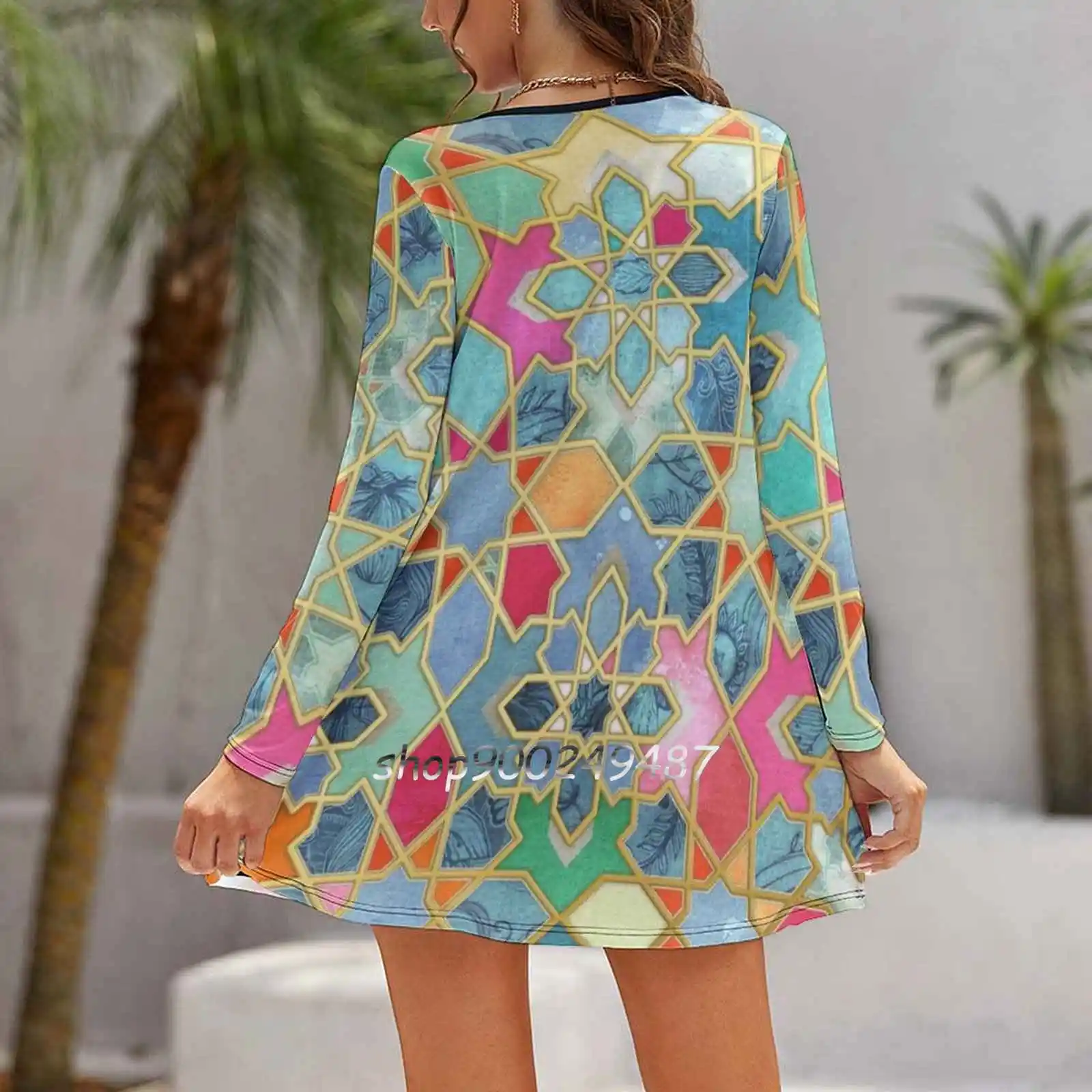 Gilt & Glory-Colorful Moroccan Mosaic Dresses For Women A-Line Korea Style Slim Long Sleeve Dress Pink Mint Blue Gold Orange