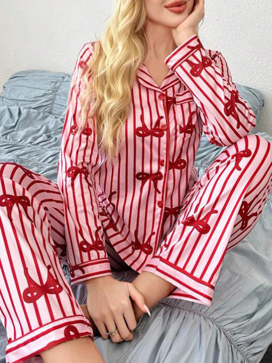 Womens Bow Striped Pajama Set Long Sleeve Button-up Tops Long Pants 2 Piece Sleepwear Outfits