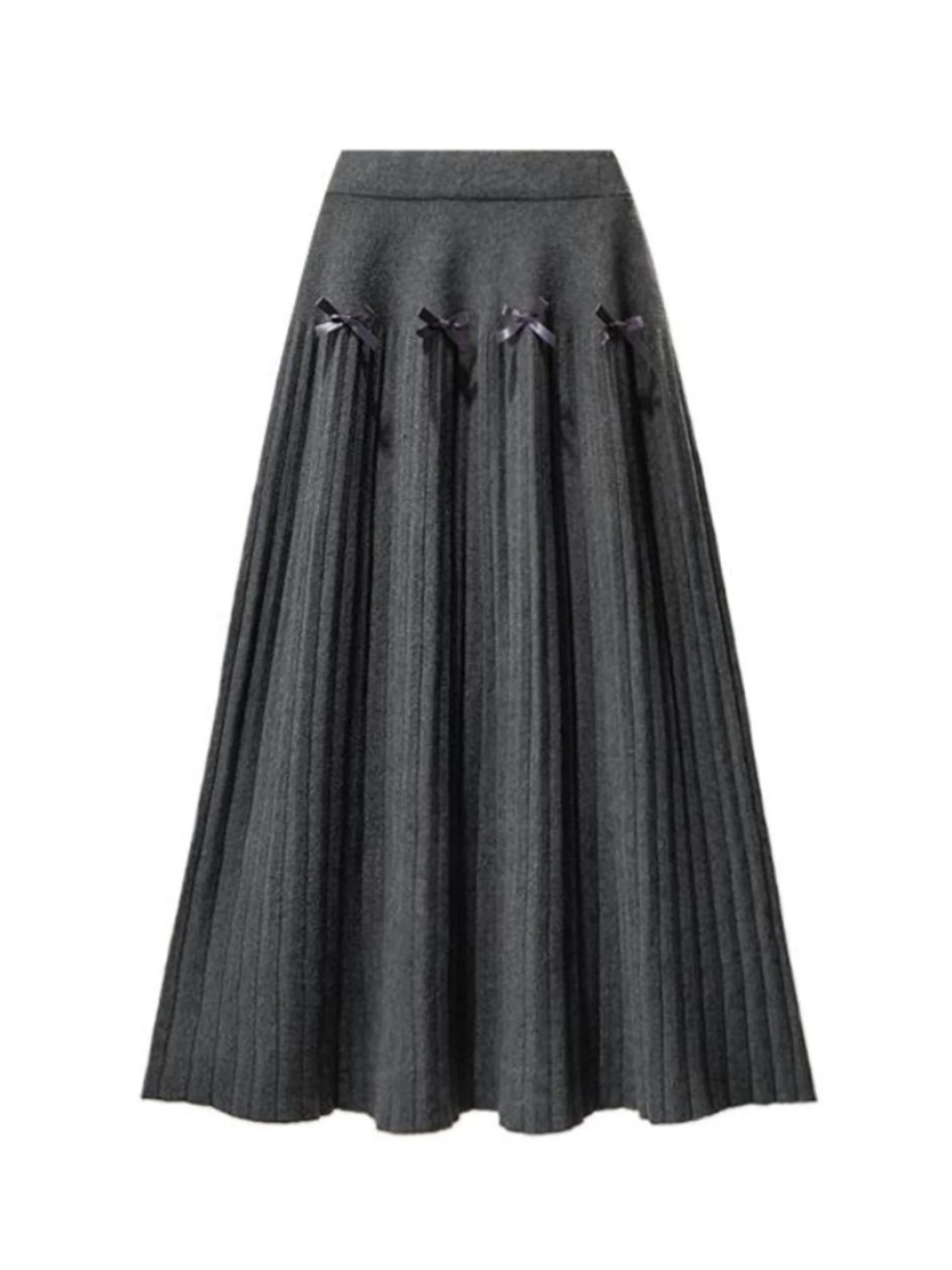Women Grey Bow Skirt Vintage 2000s High Waist Mid Long Pleated Skirt Y2k Preppy Style Oversize A-line Knit Skirts Winter Clothes