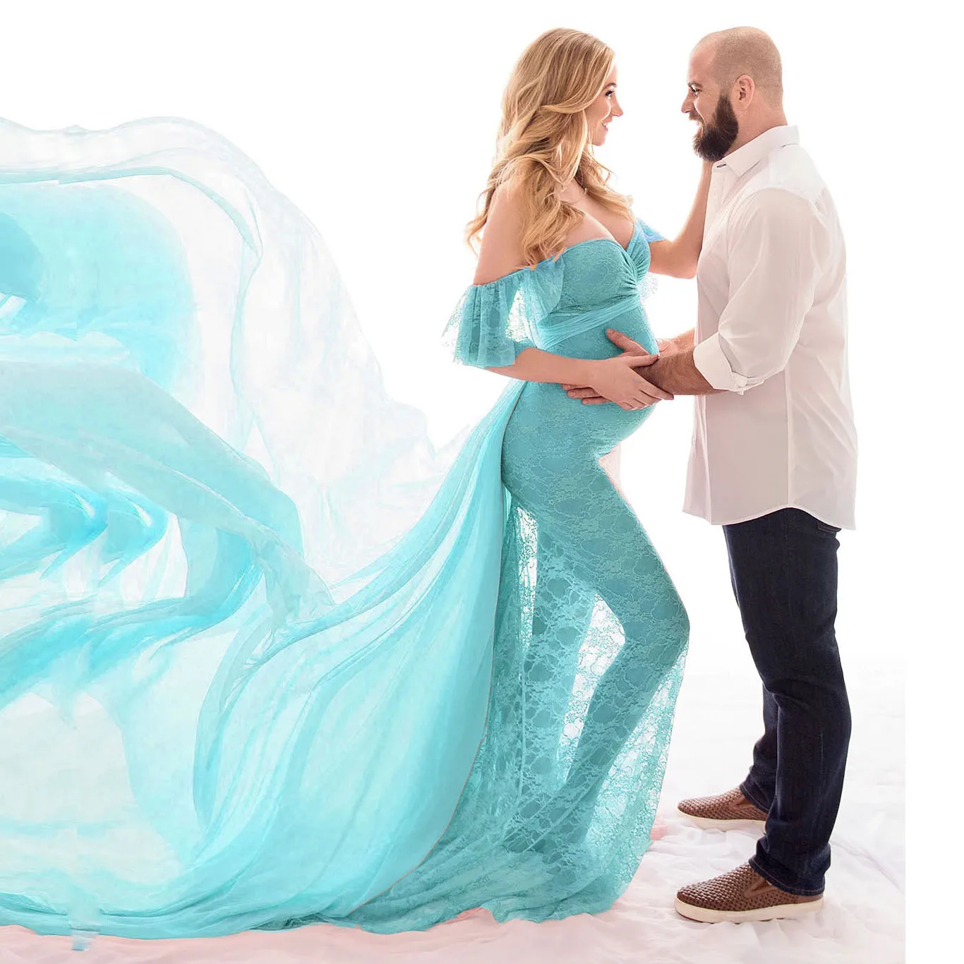 European American Women's Lace Maternity Wedding Dress with Train Photography Gown Additional Flowing Train Pregnancy Baby Show