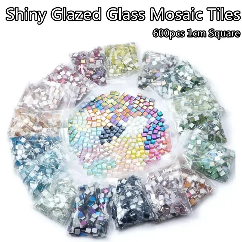 600pcs(600g/21.16oz) Shiny Glaze Glass Mosaic Tiles 4mm/0.16in Thickness 1cm/0.39in Square Craft Tile Mosaic Making Materials