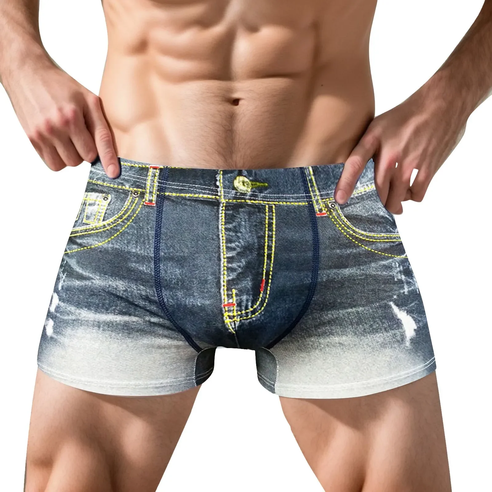

Men Boxer Underwear Imitation Jeans 3d Printed Boxer Briefs Mid-Rise Elastic Waistband Double-Sided Reinforcement Panties