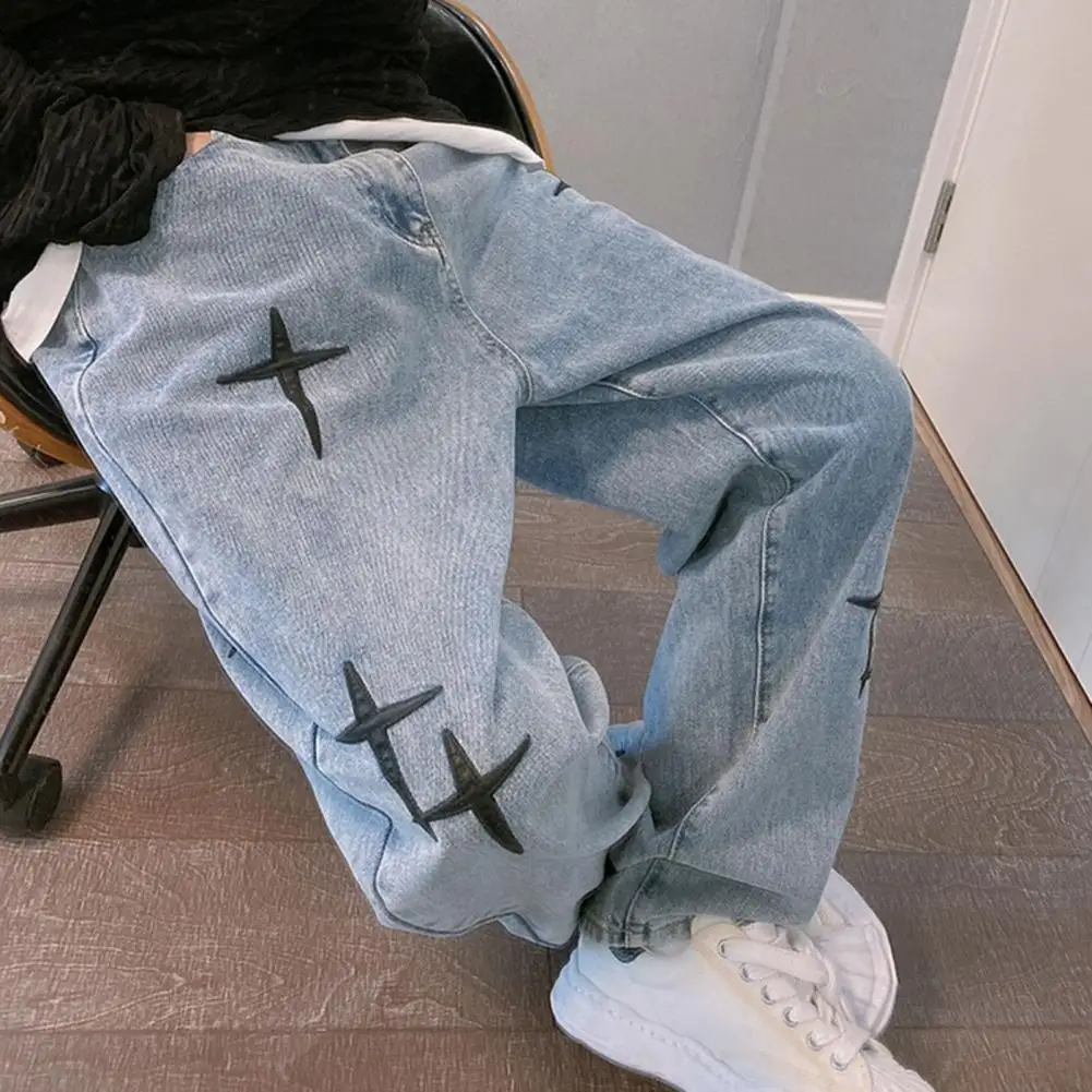 Men Star Embroidery Jeans 2024 Vintage Wide Leg Baggy Jeans Korean Fashion Drapes Straight Casual Loose Denim Pants Cargo Pants