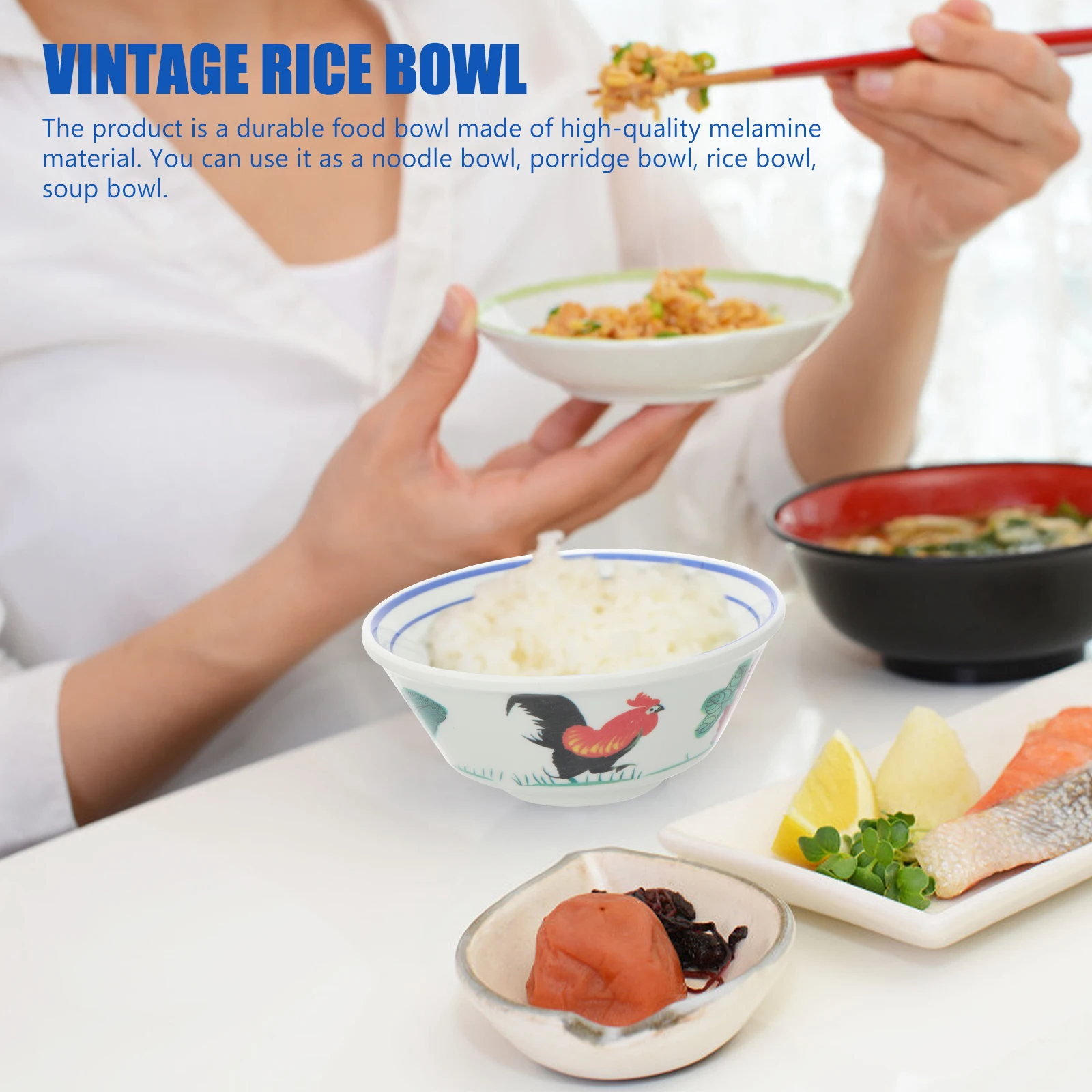 

1pc Retro Chicken Vintage Rice Farmhouse White Soup Bowl Hand-Pulled Noodle Serving Solid Restaurant Bowl Food for Home