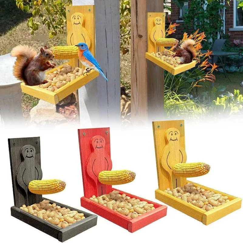 Wooden Funny Squirrel Feeder Hanging Durable Corn Peanut Bird Chipmunk Feeder for Outside with Solid Structure Garden Backyard