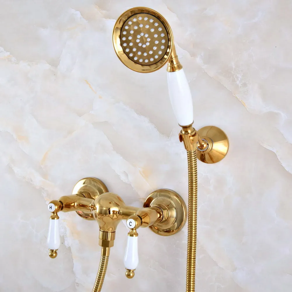 

Luxury Polished Gold Color Brass Wall Mounted Bathtub Faucet with Handheld Shower Set +1500MM Hose Mixer Tap 2na986