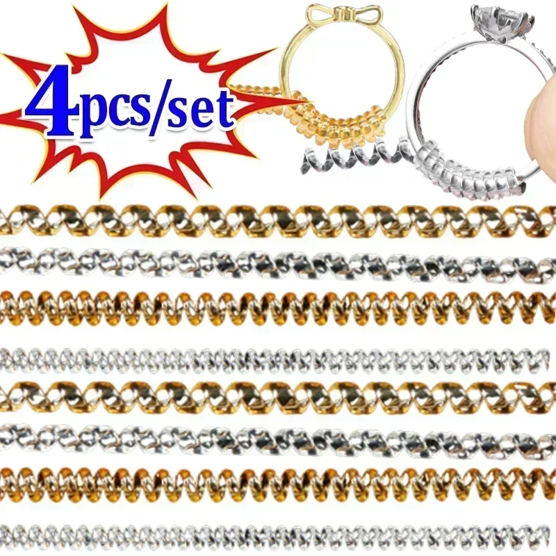 4pcs/set Ring Size Reducer Tools Spiral Spring Based Rings Adjust Invisible Transparent Tightener Resizing Tool Jewelry Guard