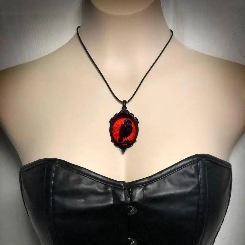 U2JF Lace Oval Charm Necklace Gothic Raven Jewelry Raven Choker Necklace Protections