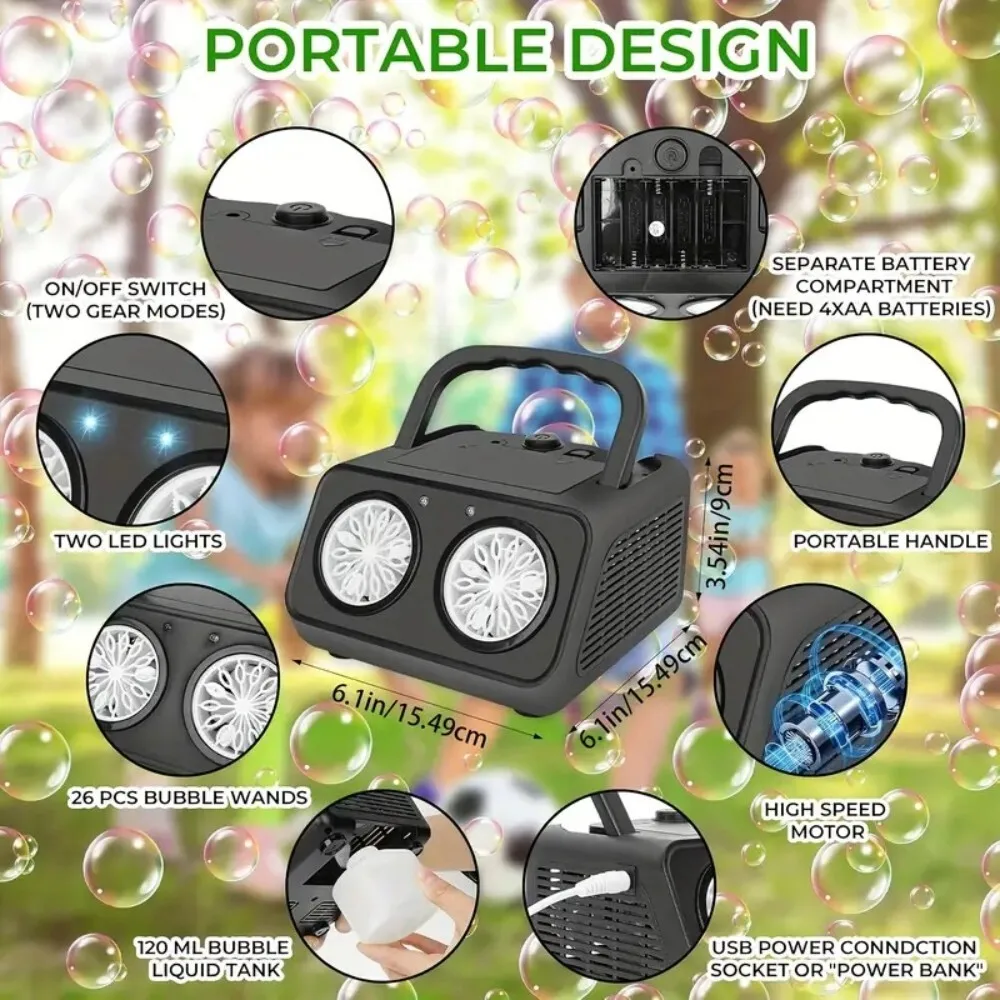 

Portable Outdoor Electric Bubble Blower Machine Multi Hole Automatic One Button for Wedding Party Kids Toys Backyard Events