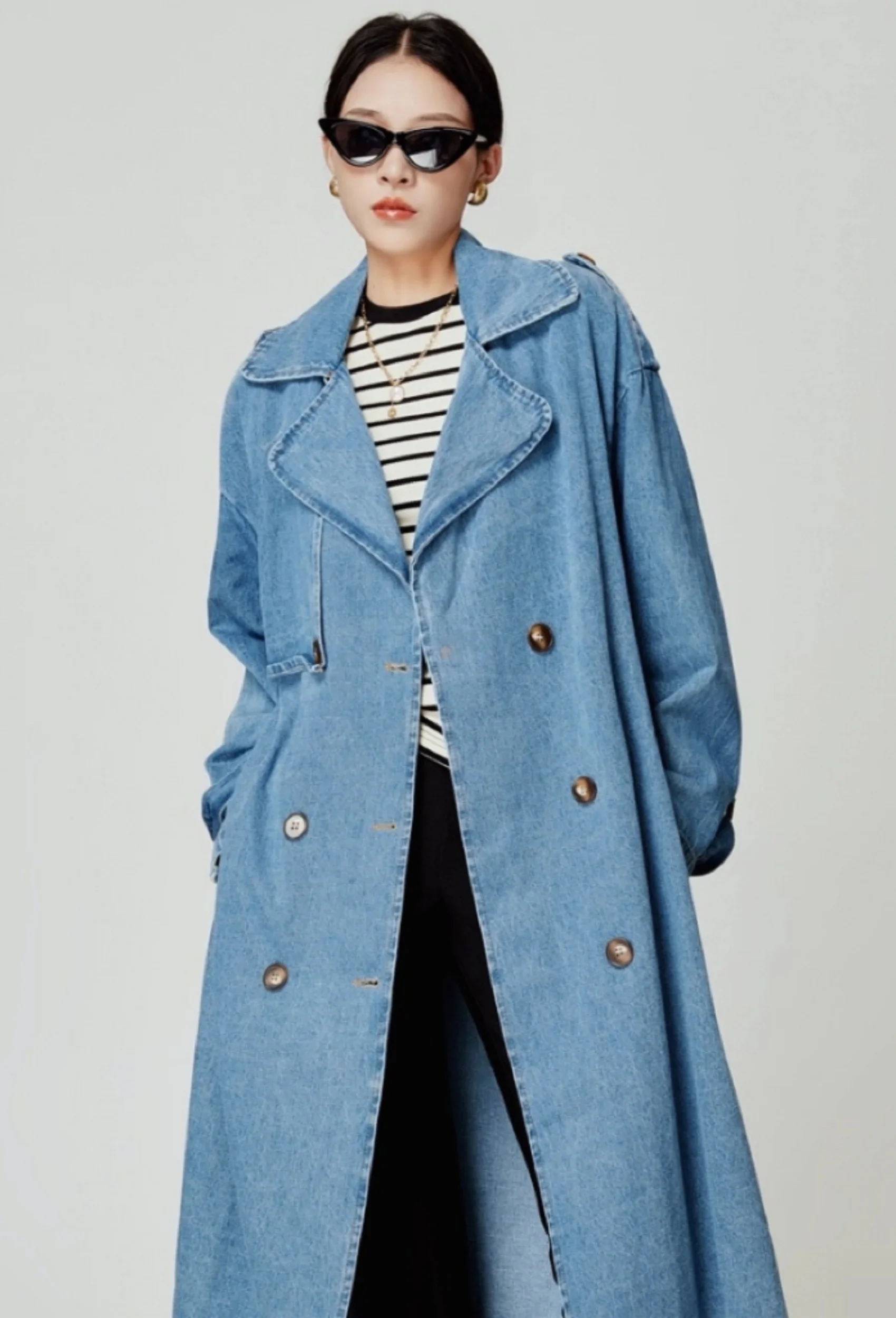 2025 Autumn/Winter New Style Buttoned Long-Sleeved Denim Jacket Loose-Fitting with Double-Row Buttoned Waist Belt Coat