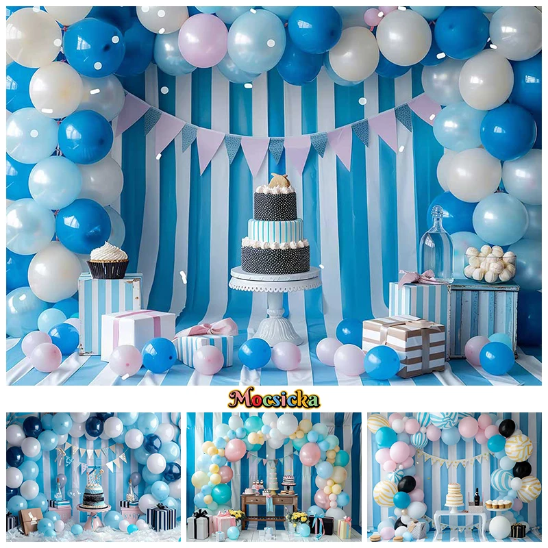 Cake Crush Photography Background Balloon Bluey White Stripe Wall Backdrop Baby Shower Party Birthday Decoration Photo Backdrops