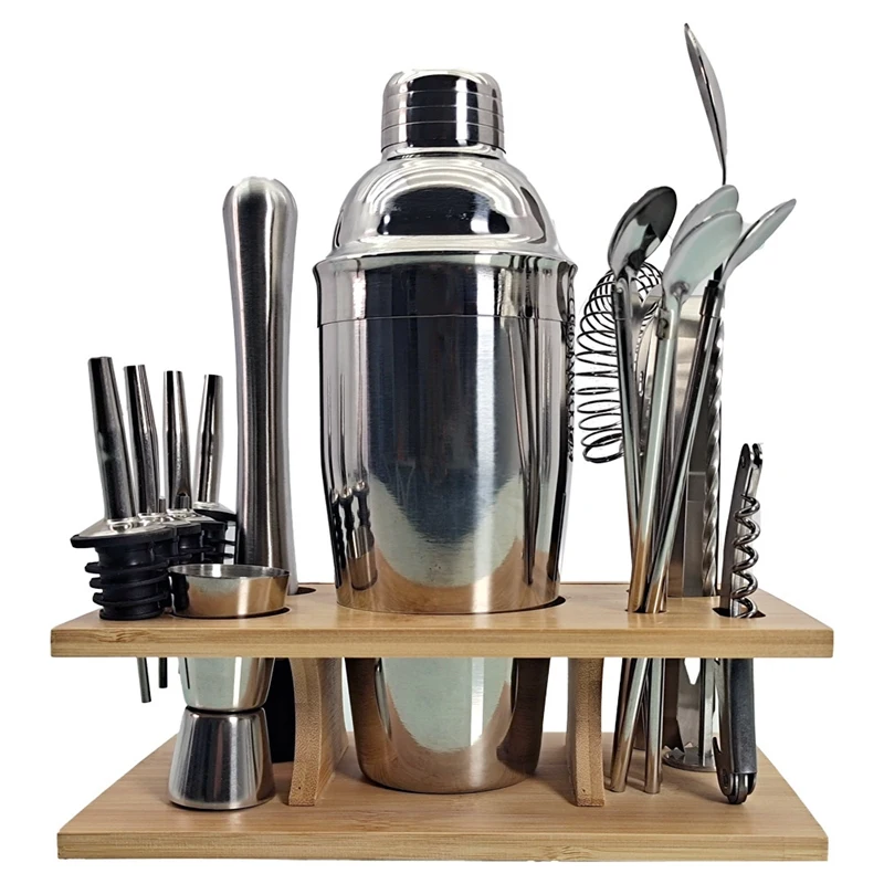 16 Pcs Cocktail Shaker Set Jigger Mixing Spoon Tong Barware Bartender Tools With Wood Storage Stand Bars Tools