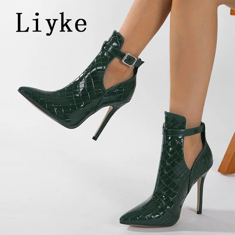 Liyke primavera otoño botines de mujer Sexy estampado de serpiente verde puntiagudos baile en barra tacones altos moda hebilla Correa zapato Chelsea