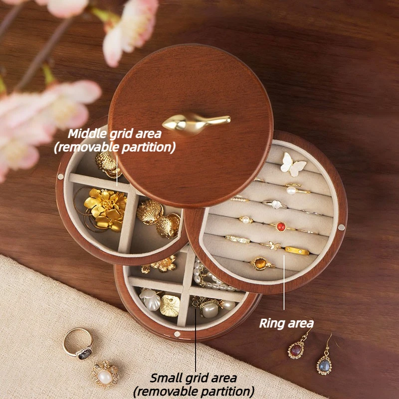 Solid Wood Jewelry Storage Box Rotatable Jewelry Organizer Boxes Large Capacity Ring Earring Storage Box Retro Jewelry Boxes