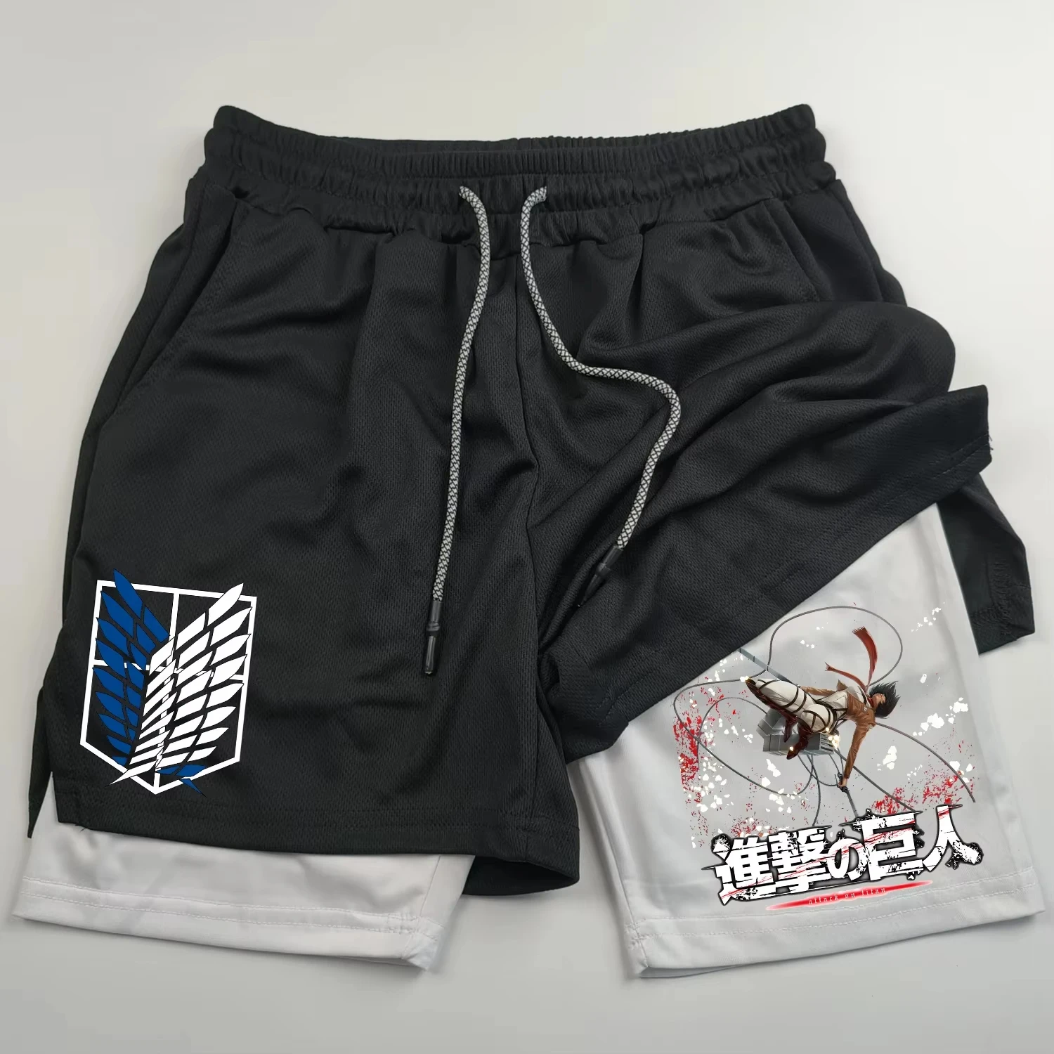 Shorts de sport 2 en 1 avec impression de collaboration Anime Attack on Titan, nouveaux shorts de course et de fitness pour hommes et femmes, été