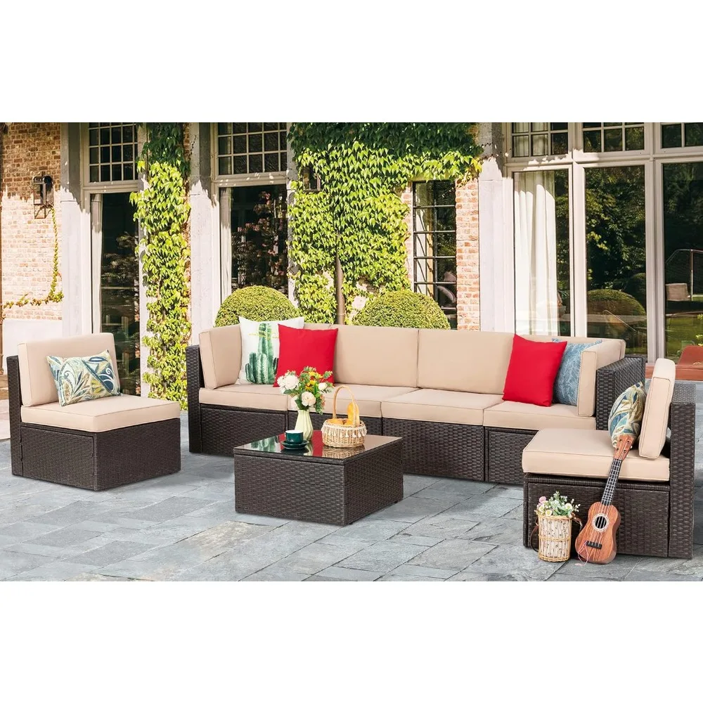 7 Piece Patio Furniture Set, L-Shaped Rattan Patio Sofa with Backyard Glass Table, Beige