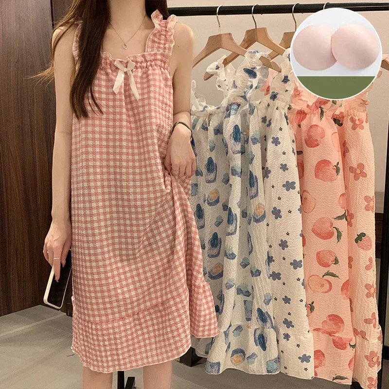 korean Reviews Many Pajamas Dress Sweet Sleeveless Summer Nightdress Print Cotton Women\'s Nightgowns Bra Pad Sleep Shirts