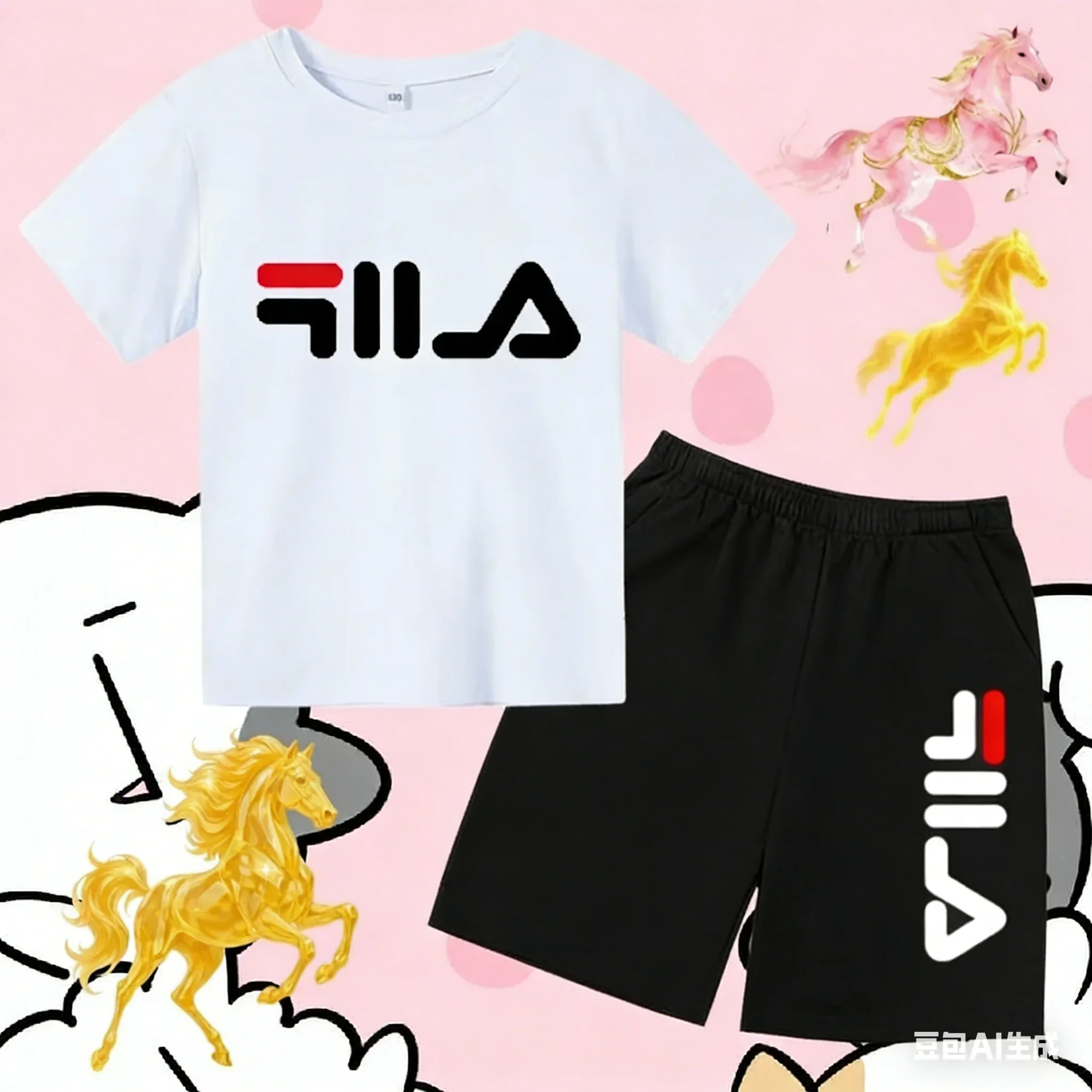 Conjunto de verão para meninos e meninas com camiseta casual de letras em estilo cartoon e shorts para esportes ao ar livre.