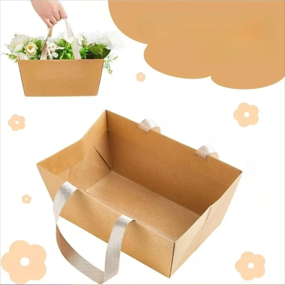 4/8/12/16PCS Waterproof Kraft Paper Kraft Paper Gift Basket With Handles Kraft Cardboard DIY Gift Basket Empty Basket