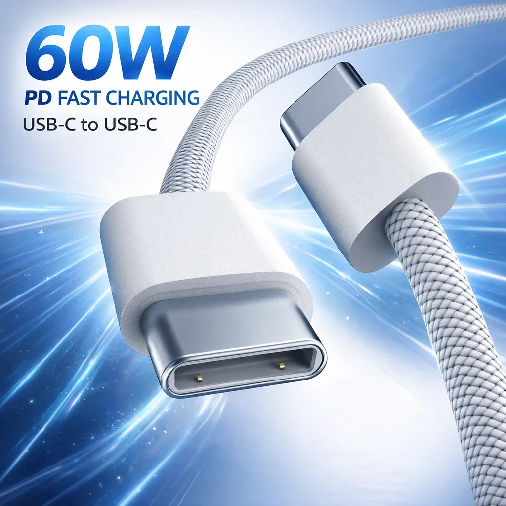 60W USB-C to USB-C Fast Charging Cable for iPhone 15, iPad, MacBook, Type-C Devices