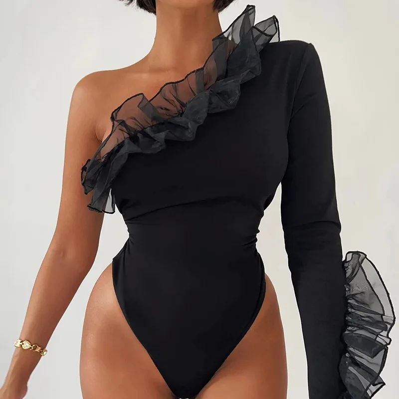 2022 Rüschen solide eine Schulter Langarm Patchwork sexy Bodycon Bodysuit fallen Frauen Party Stram pler Halloween Kostüme