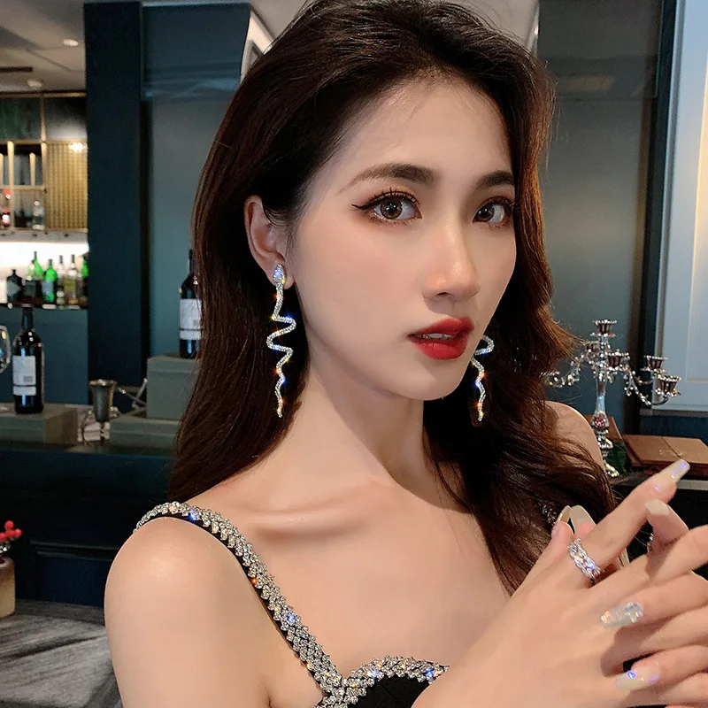 New Crystal Exaggerated Animal Long Earrings Fashion Silver Color Snake Drop Earring For Women Women's Sexy Party Jewelry