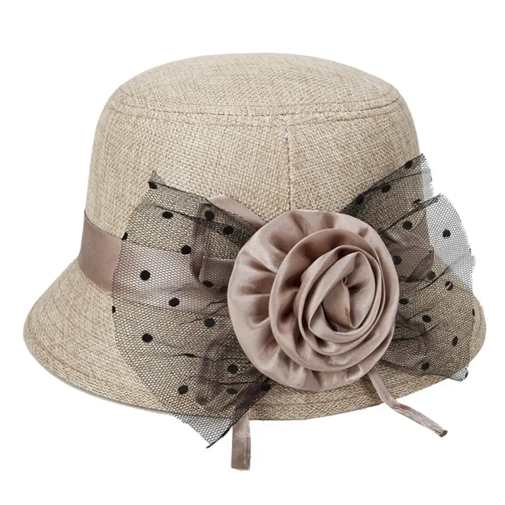 Hat Women's Elegant Polka Dot Mesh Flower Bowler Bucket Vintage Female Outdoor Sun Visor Basin Cap Church Jazz Cap Bowler