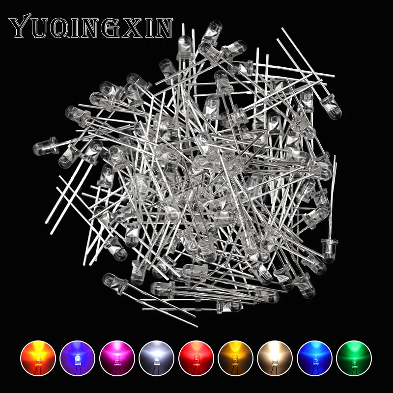 100pcs 3mm LED Diode F3 Assorted Kit White Green Red Blue Yellow Orange Pink Purple Warm White DIY Light Emitting Diode