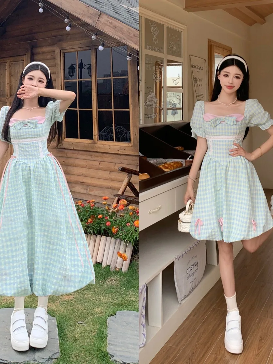 

Новое летнее женское платье больших размеров в нежном стиле, розово-голубое, с коротким рукавом, А-силуэта, скрывающее живот, с завышенной талией