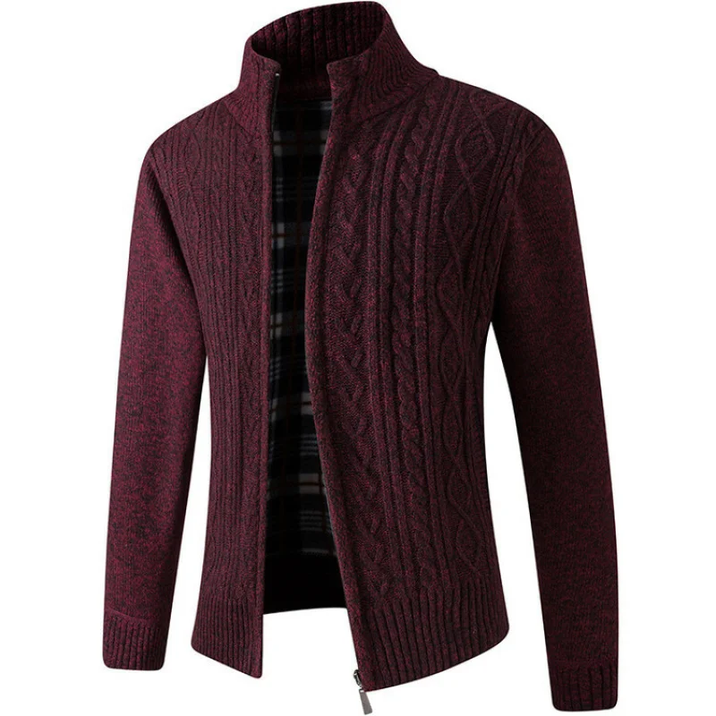 

European and American Jacquard Men's Thick Knit Stand Collar Thickened Cardigan Long Sleeve Casual Sweater