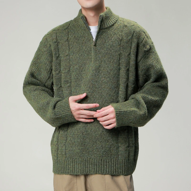 Polo Sweater Men's Quarter Zip Pullover Sweater Cable Knit Mock Neck Polo Sweater Classic Casual Sweater with Ribbing Edge