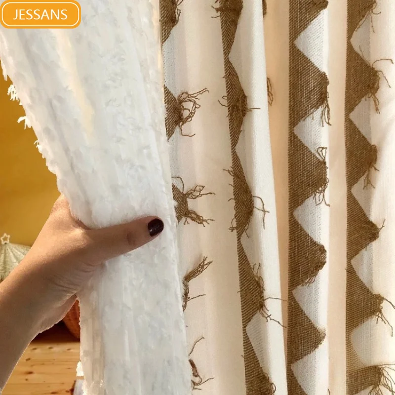 New Yellow Small Triangle Feather Tassel Jacquard Curtains for Living Room Bedroom French Window White Screen Yarn Customized