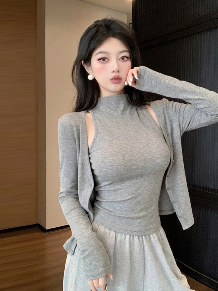 Autumn New Style Retro High Neck Sweater Bottoming Vest Casual Versatile Long Sleeve Open Cardigan Two Piece Set Women's Fashion