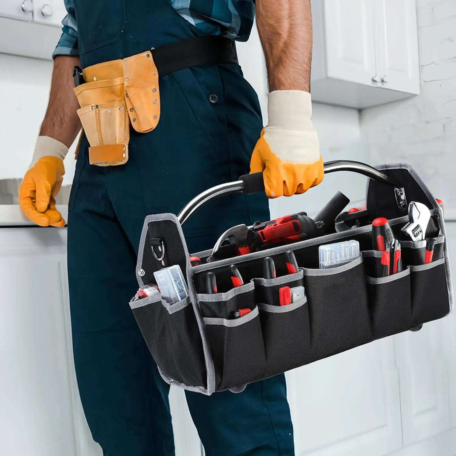 

40x27x22cm Multi Functional Tool Bag Heavy Duty 20kg Capacity Black Organizer with Stainless Steel Handle Adjustable Shoulder