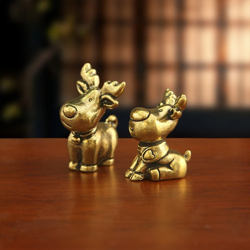 Christmas Reindeer Brass Figurines Mini Xmas Elk Statue Vintage Metal Deer Ornament Desktop Home Decoration Craft Navidad Gifts