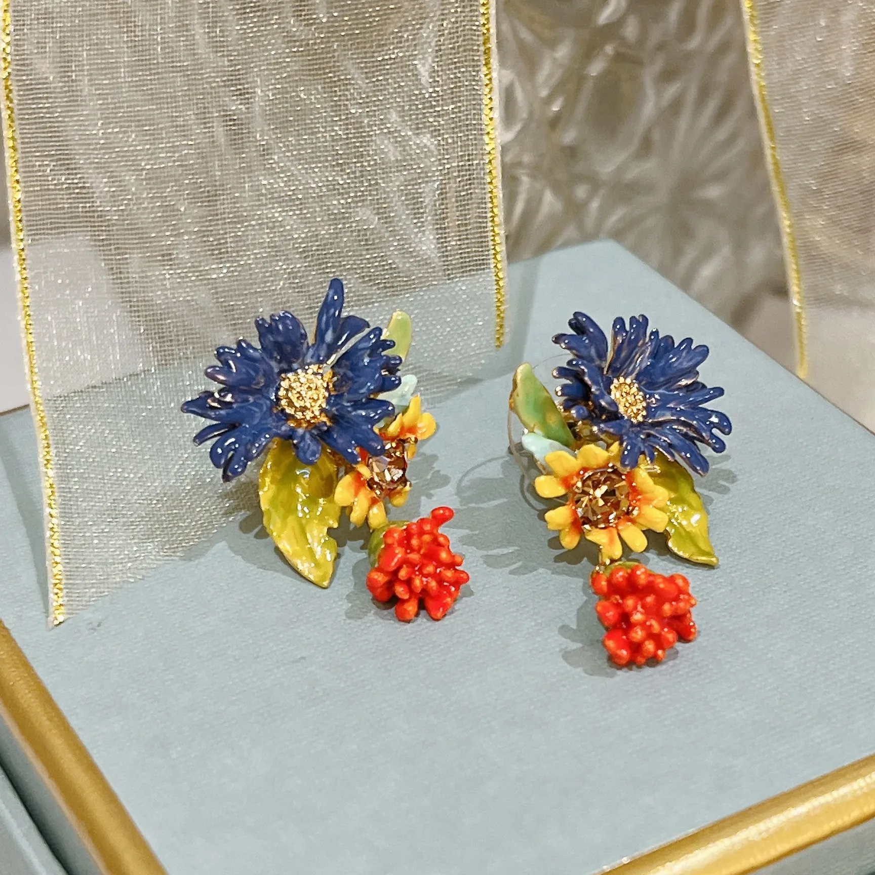 パリデザイナーのカラフルな花の花束イヤリング高級ファッションジュエリークリップオンスタッド女性女の子用トレンディなアクセサリー