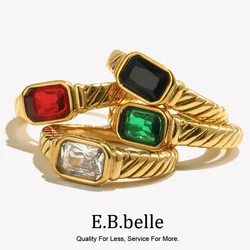E.B.belle Thin Ring Band Texture Engraved Small Square 3A Cubic Zirconia Stone Ring Black White Green Red Gemstone Ring