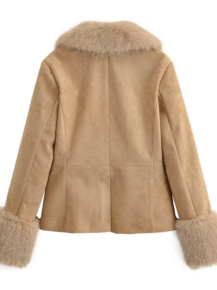 شتاء جديد المرأة سليم صالح فو الفراء تأثير المخملية بدلة جلدية Jaet خمر Sle طويل Sve زر إغلاق اللون #5