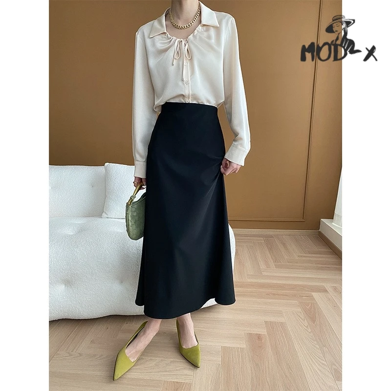 MODX Satin Skirt Design Sense Niche Medium Length High Order Temperament Plus French Fishtail Half Elastic Waist Skirt Hot New