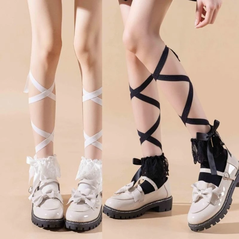 

Japanese JK Girls Middle Tube Socks with Ruffle Lace Ribbon Ties Elegant Princess Bowknot Ankle Socks Hosiery for Women 15UB