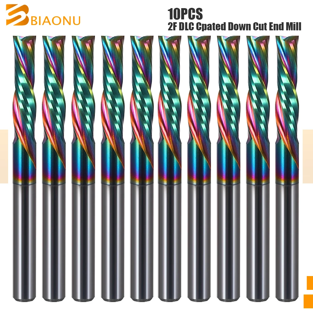 Biaonu 10Pcs DLC Coating CNC 2 Flutes Left Milling Cutter Down Cut 3.175/4/5/6mm Carbide Spiral Wood End Mill Tools Router Bits