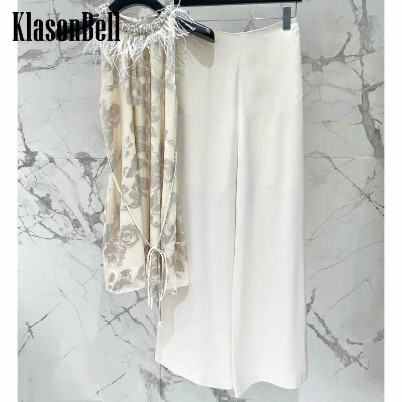 

6.7 KlasonBell Luxury Noble Feathers Diamonds Pearl Tassel O-Neck Sleeveless Print Dress Or High Waist Acetate Pants Set Women