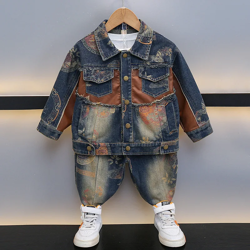 Boys Casual Cowboy Suit Autumn Teen Retro Cool Denim Jacket and Pants 2Pcs Big Kids Clothes Suits Children Print Outfit 2-10Year