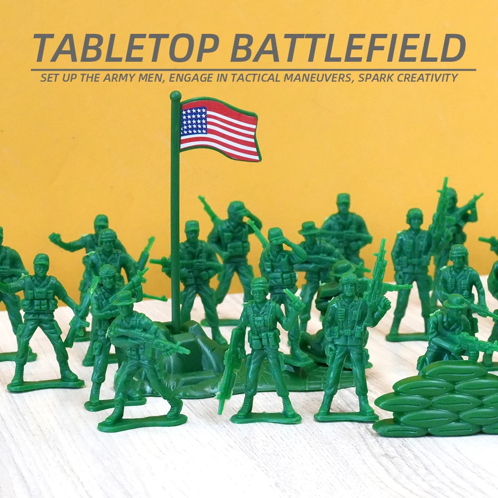 ViiKONDO Army Men zabawka figurka zielony plastikowy żołnierz 12 pozuje Tan Guy Military US Flag UK work 50 szt. Prezent dla dziecka do gier wojennych