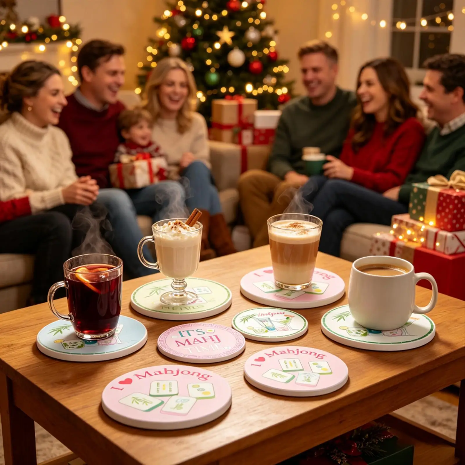 Mahjong Coasters 8 Pieces Round Wooden Heat Resistant Drink Cup Mats for Bar Cafe Home Office Kitchen Apartment Party