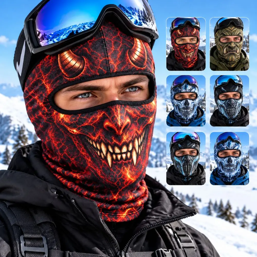 3D Printed Skull Demon Print Funny Ski Mask Full Coverage Breathable Eye Hole Balaclava Face Mask Sweat Absorbent Windproof