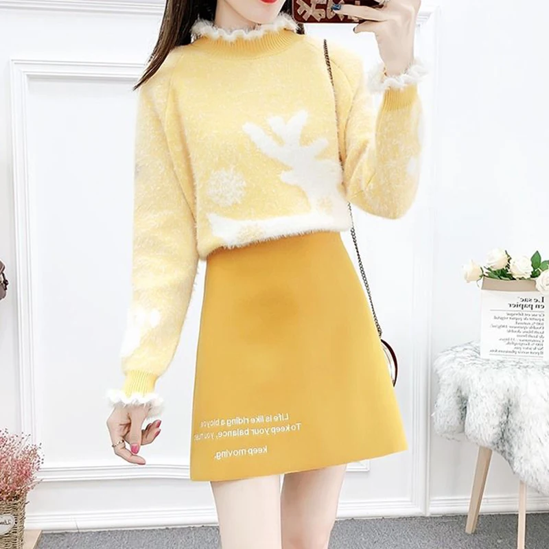 Outono feminino casual conjunto de duas peças elegante e versátil design sentido pulôver camisola cor sólida meio corpo saia conjunto