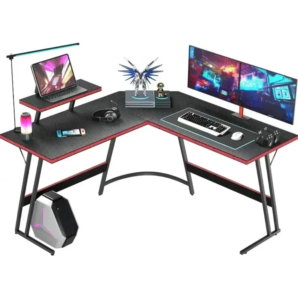 Mesa de jogos em forma de L, mesa de canto de computador de 51 polegadas com suporte grande para monitor e superfície de fibra de carbono para estudo de escritório doméstico